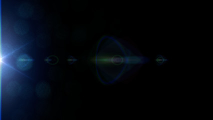 bright blue lens flare with bokeh effects, overlay texture in front of a black background with empty space