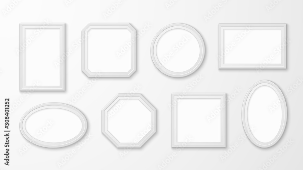 Poster white picture frames. realistic empty image borders in different forms for gallery exhibition vector