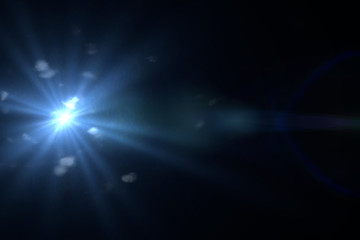 bright blue lens flare with bokeh effects, overlay texture in front of a black background