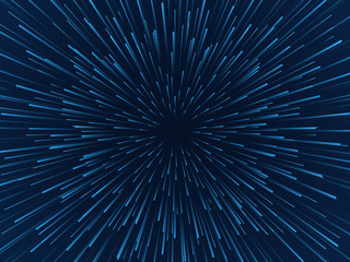 Warp stars. Fast movement, hyperspace moving stars in gravitational field, space traveling tunnel. Futuristic neon particles vector concept
