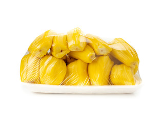 Fresh ripe jackfruit or sweet yellow jackfruit ripe, Kerala Jackfruit (Artocarpus heterophyllus) isolated on white background. Tropical Thai fruit.