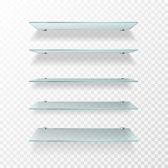 Glass shelves. Transparent wall product display, empty store shelving. Glass showcase isolated vector set © YummyBuum