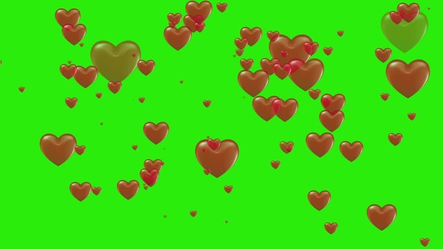 Stock 4k: Romantic red heart flying on green background. Royalty high-quality free best stock beautiful pink hearts isolated falling up green background. Good design elements, illustration, creatives