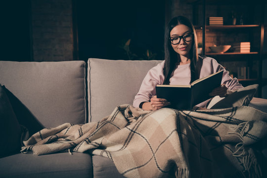 Photo of homey pretty lady read love novel to end interested book worm addiction sitting couch covered warm plaid blanket casual clothes spectacles dark living room indoors