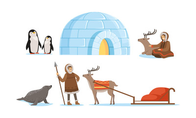 Wild North Arctic People and Animals Vector Illustrations Set