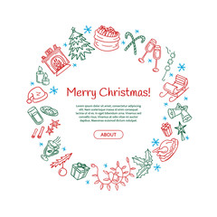 Vector cute xmas doodle hand drawn elements illustration. Christmas theme objects circle with place for text in center