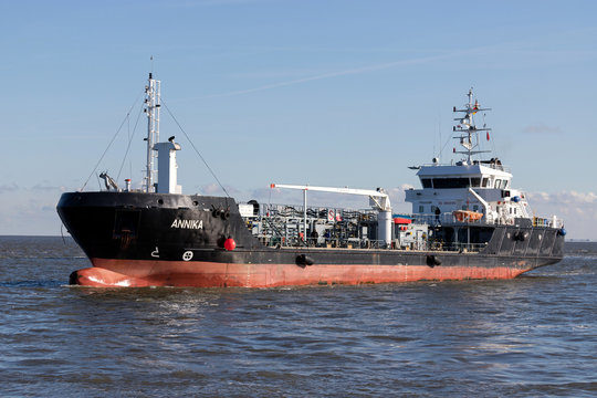 CUXHAVEN, GERMANY - OCTOBER 30, 2019: Hans Rinck tanker ANNIKA on the river Elbe