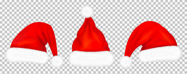 Set of red santa claus hats with fur isolated on transparent background. Vector illustration