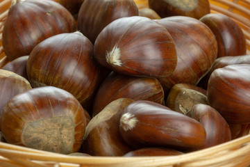 fresh sweet chestnut fruits in a basket closeup