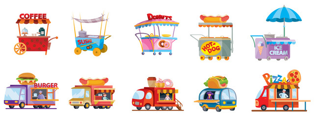 set of fast food trucks and street food carts, isolated object on a white background, vector illustration