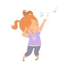 Cute Redheaded Girl Singing and Dancing, Adorable Kid Having Fun and Enjoying Listening to Music Cartoon Vector Illustration