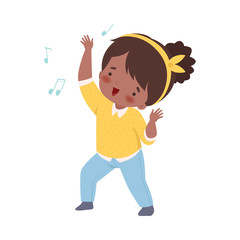 Cute African American Girl Singing and Dancing, Adorable Kid Having Fun and Enjoying Listening to Music Cartoon Vector Illustration