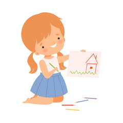 Cute Girl Sitting on the Floor on Her Knees and Drawing Picture with Colorful Pencils, Adorable Young Artist Cartoon Character, Kids Creative Hobby Vector Illustration