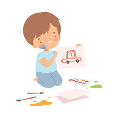 Cute Boy Sitting on the Floor on His Knees and Drawing Picture with Pencils and Paints, Adorable Young Artist Cartoon Character, Kids Creative Hobby Vector Illustration