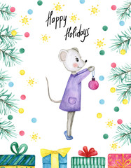 Watercolor illustration. Cute postcard on a new year's theme, twigs of spruce, gifts, mouse, text. Childish, cartoon, bright, colorful.