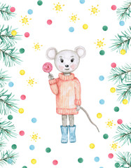 Watercolor illustration. Cute postcard on a new year's theme, twigs of spruce, mouse, bright circles . Childish, cartoon, color.