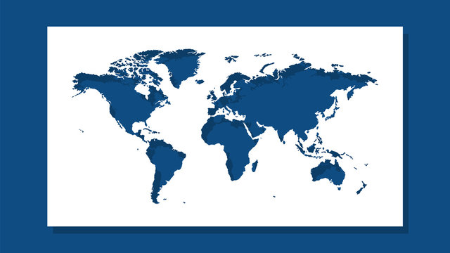 Image of cut out silhouette of a world map. Background in classic blue color with shadow. Template option for use in an industrial interior.