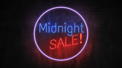 Obraz premium MIDNIGHT SALE neon light on wall. Sale banner blinking neon sign style.