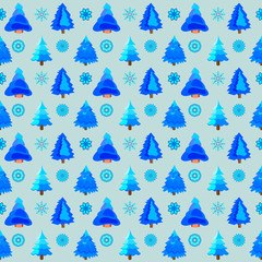 Christmas or new year Wallpaper with Christmas trees and snowflakes on a blue background.