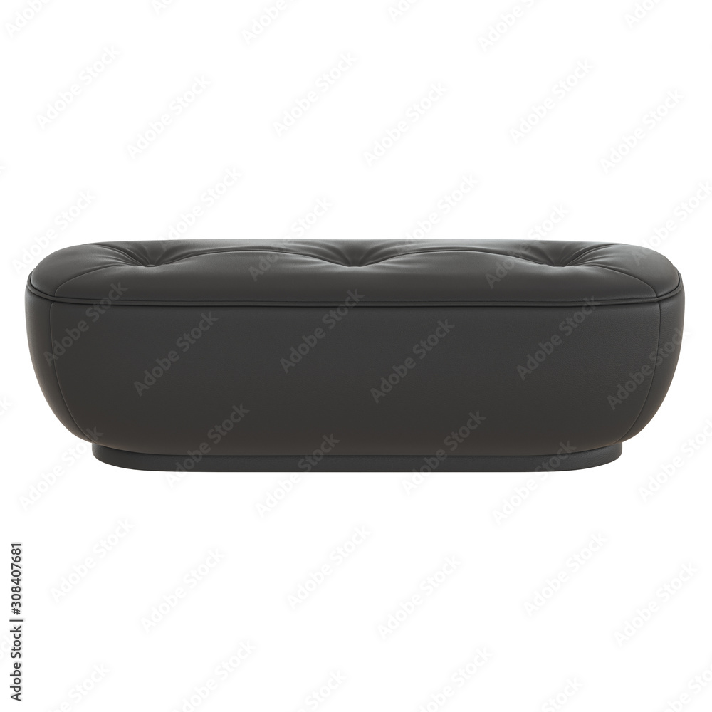 Poster black leather upholstered bench on an isolated background on front view. 3d rendering