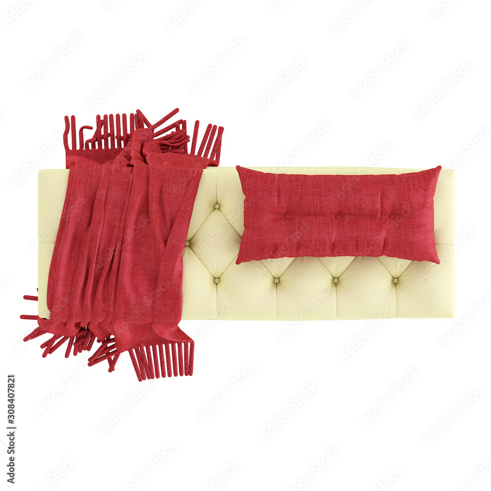 Poster yellow leather upholstered bench on an isolated background with red pillows and plaid on top view. 3