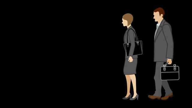 Alpha channel file - Animation of employee couple who walk and passing through the screen - anonymity