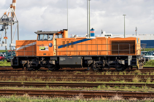 CUXHAVEN, GERMANY - OCTOBER 28, 2019: northrail/ HBB diesel hydraulic Vossloh G1206 locomotive
