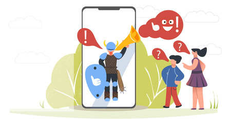 Internet marketing. Influencer concept. Key opinion leader. Megaphone and followers. Person promotes something. Faceless cartoon characters. Vector stock illustration. Copy space. Advertising.