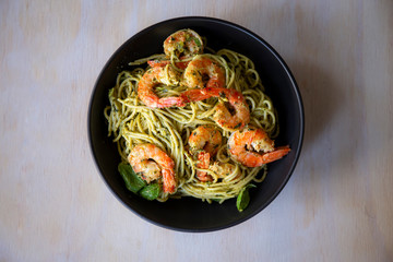 King prawns and pesto sauce with spaghetti
