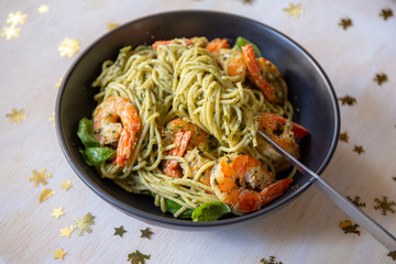 King prawns and pesto sauce with spaghetti