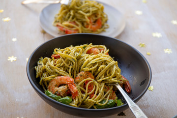 King prawns and pesto sauce with spaghetti