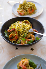 King prawns and pesto sauce with spaghetti