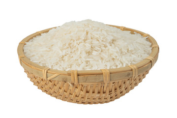 Raw Thai fragrant jasmine rice (Oryza sativa) in bamboo basket isolated on white background.concept...