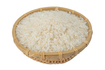 Raw Thai fragrant jasmine rice (Oryza sativa) in bamboo basket isolated on white background.concept for agriculture