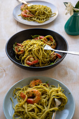 King prawns and pesto sauce with spaghetti