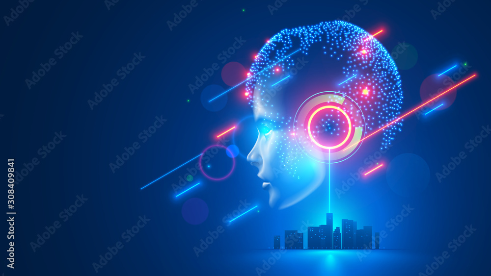 Poster AI controls smart city infrastructure. Artificial intelligence analyze big data urban systems. Abstract cybernetics silhouette head woman with neural network brain in cyberspace. Futuristic concept.