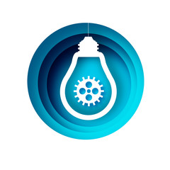 Light bulb and cog inside in paper cut style. Origami Electric bulb with gears and cogs working together. Concept of a business idea. Teamwork. Strategy. Cooperation. Light Blue circle frame.