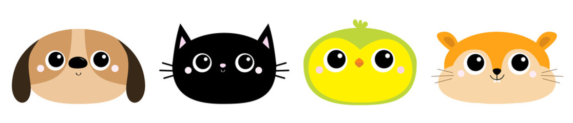Parrot Dog Black Cat Hamster bird head face round icon set. Kitty kitten. Funny Kawaii animal. Big eyes. Kids print. Cute cartoon baby character. Pet collection. Flat design White background