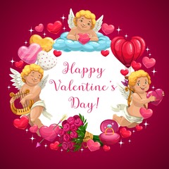Happy Valentine day calligraphy greeting in angels, hearts and love arrows frame. Vector Valentine hot air balloon, pink roses bouquet and cupid with wedding ring, playing golden harp on cloud