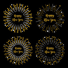 Festive fireworks decoration. Star sparkle set round frame set. Happy New Year. Cracker light. Golden color. Firecracker burst. Gold and white. Flat design. Black background.