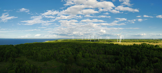Fototapeta na wymiar Panoramic view of the sea coast with windmills