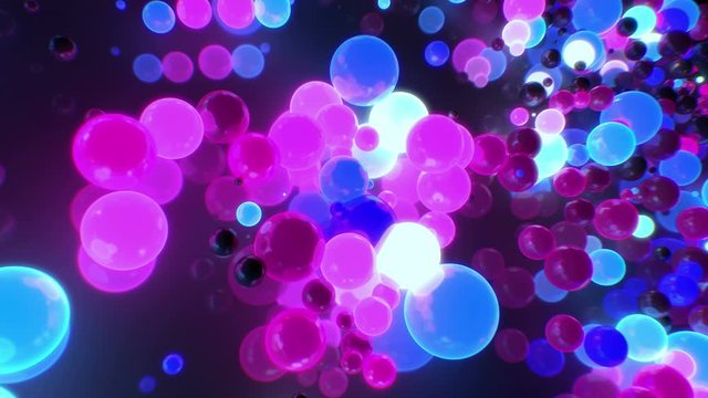 Blue and pink balls background. Abstract chemical reaction, cyan magenta circles born craete grow up and dissapear. Science screen showroom exhibition for TV phone panel screensavers themes and shows.