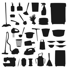 Housework and household icons isolated silhouettes. Vector home washing and cleaning tools, sewing machine and kitchen utensils. Mop and vacuum cleaner, apron and gloves, plates and threads, broom