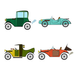 Set of retro cars, pickup and sports car in cartoon style on a white background. Collection with vintage car, pickup and sports car.