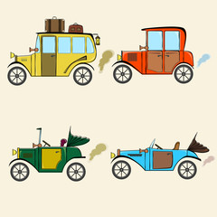 Set of retro cars and bus in comics cartoon style on a beige background. Collection with vintage cars and bus.