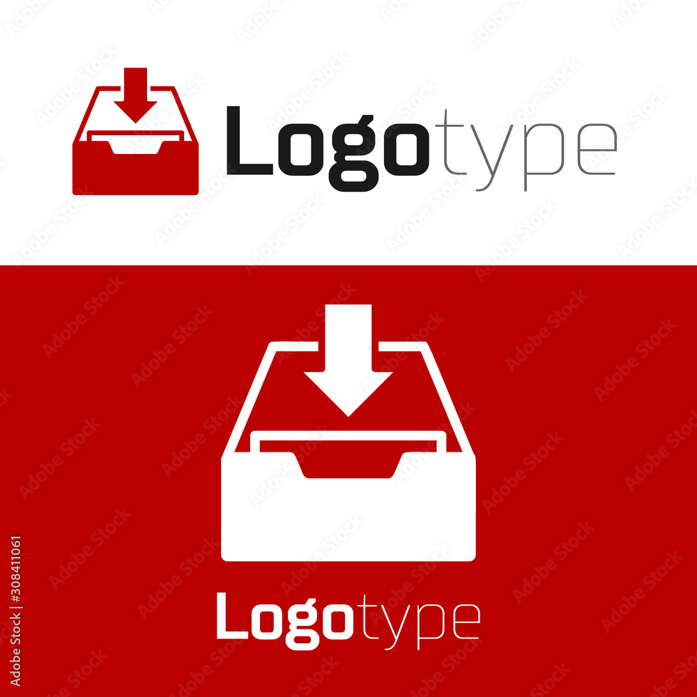 Aufkleber red download inbox icon isolated on white background. add to archive. logo design template element. 