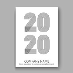 Cover Annual Report numbers 2020 in thin lines. Year 2020 text design in colour trend black on white abstract background. Vector illustration. Outline linear style