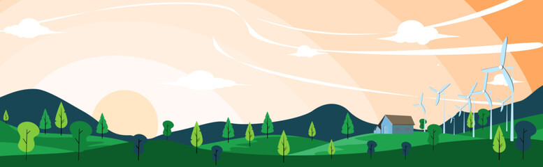house and wind turbine in the mountain evening sky flat design 
