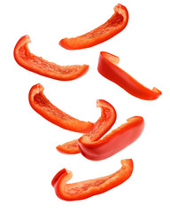 Falling sweet pepper slices, paprika, isolated on white background, clipping path, full depth of...