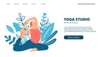 Yoga studio web page. Modern landing page with flat design. Woman doing yoga vector banner template